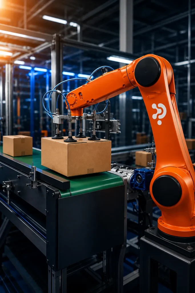 Braço robótico industrial para paletização de caixas numa linha de embalagem automatizada, solução de automação para fim de linha.