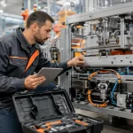 Técnico realiza manutenção preventiva numa máquina industrial, verificando componentes e consultando dados da intervenção num tablet.