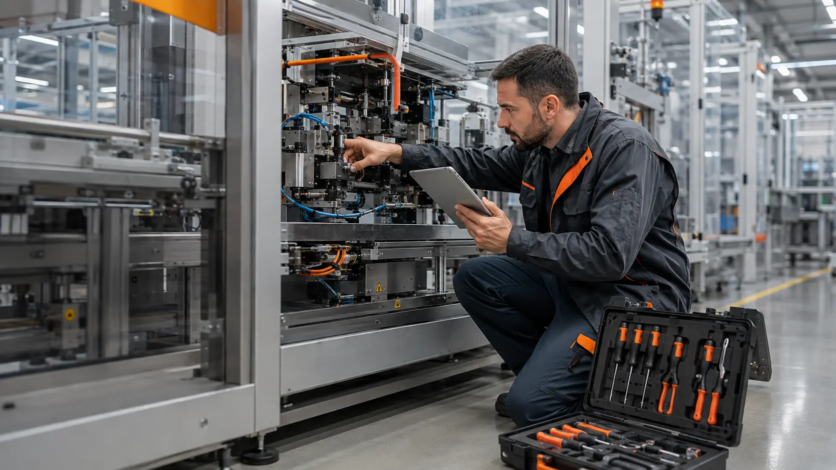 Técnico realiza uma inspeção de manutenção preventiva numa máquina industrial, verificando componentes com apoio de um tablet.