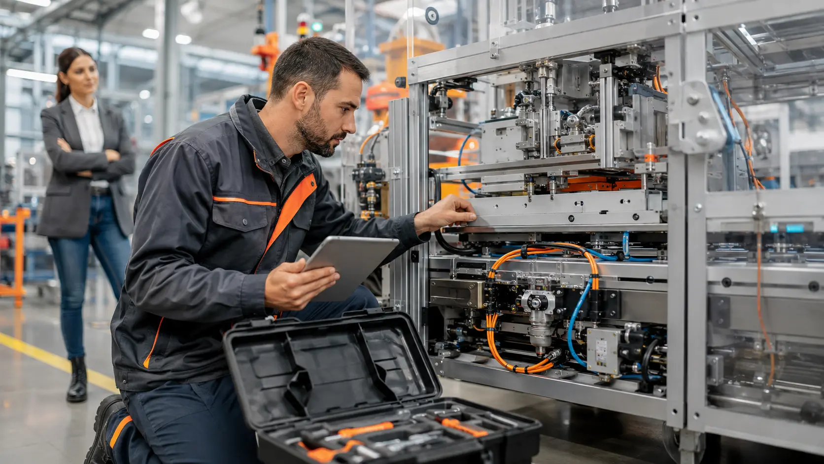 Técnico realiza manutenção preventiva numa máquina industrial, verificando componentes e consultando dados da intervenção num tablet.