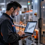 Técnico analisa o software de uma máquina industrial num laptop junto a uma linha de produção automatizada.
