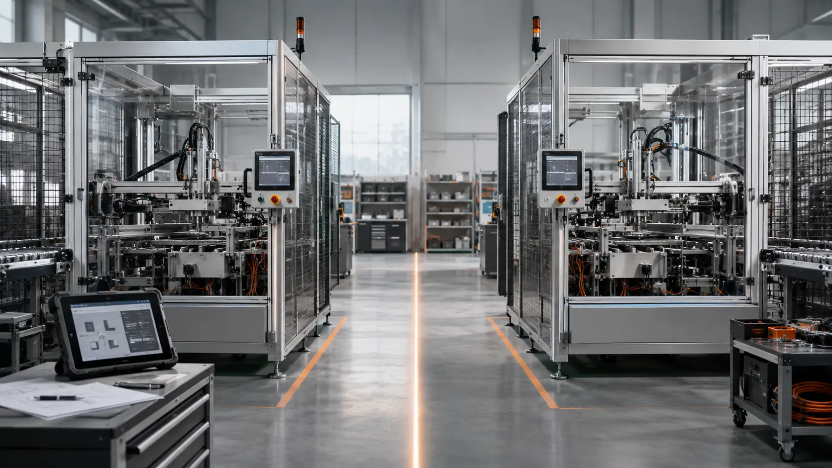 Linha industrial automatizada com máquinas e interfaces de software, ilustrando automação e segurança industrial.