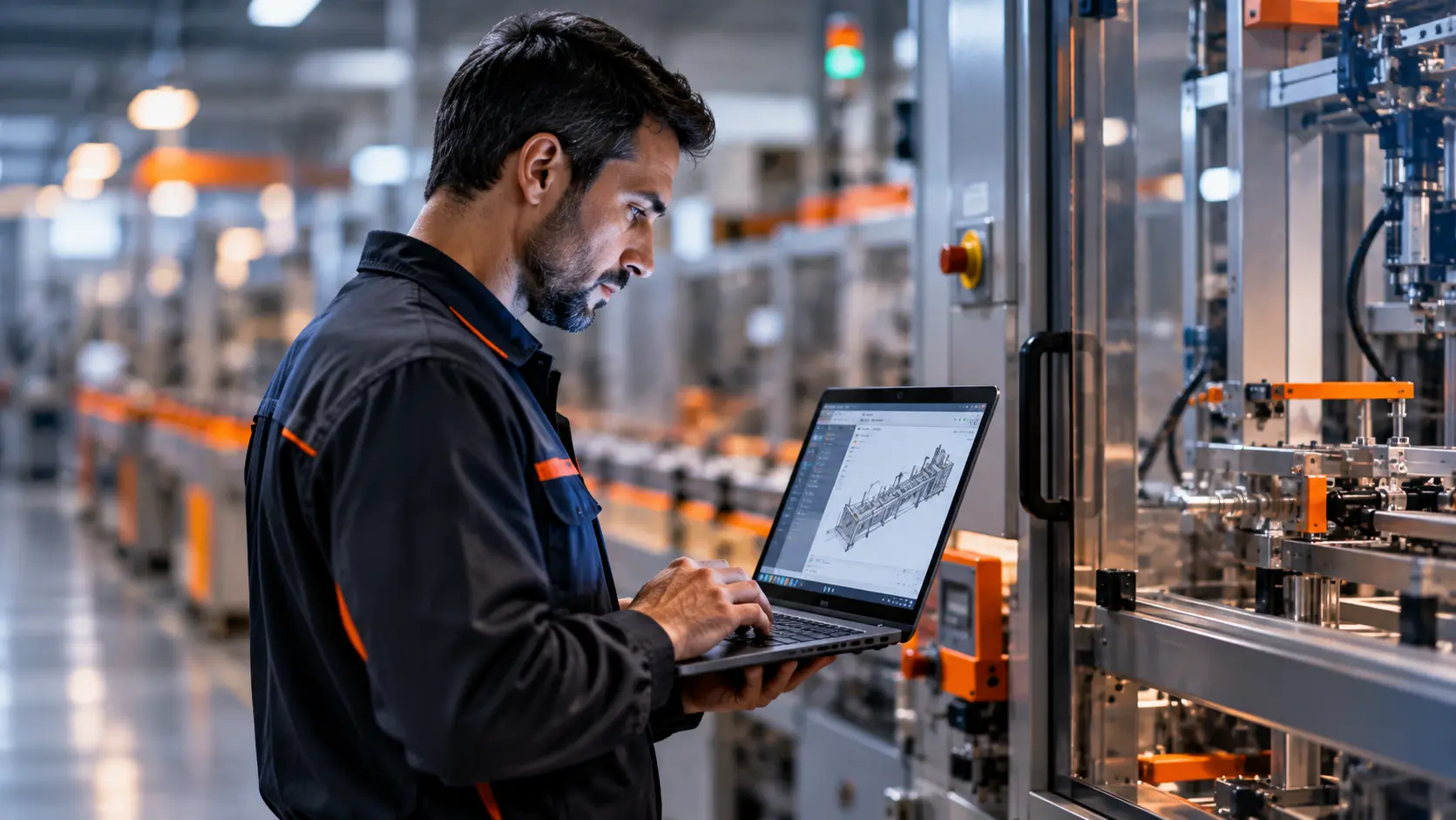 Técnico analisa o software de uma máquina industrial num laptop junto a uma linha de produção automatizada.