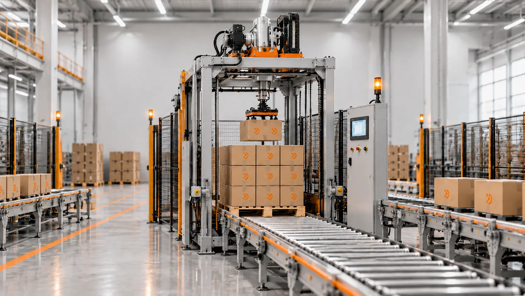 Paletizador convencional automático a empilhar caixas sobre uma palete numa linha industrial.