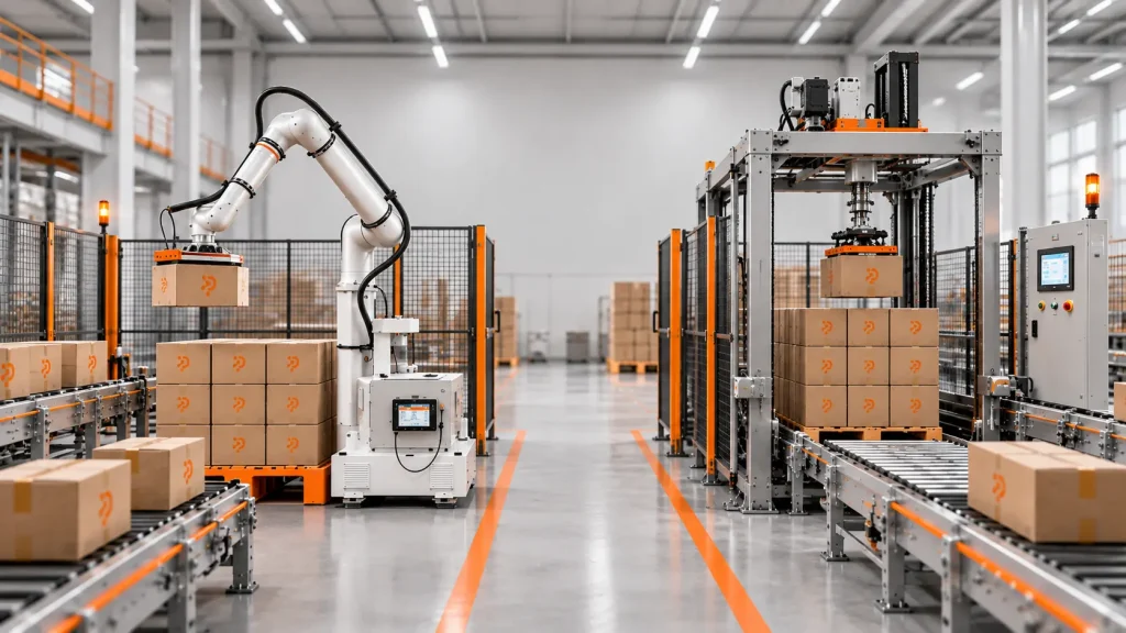 Comparação entre um paletizador robotizado e um paletizador convencional numa linha industrial de fim de linha.