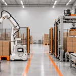 Comparação entre um paletizador robotizado e um paletizador convencional numa linha industrial de fim de linha.