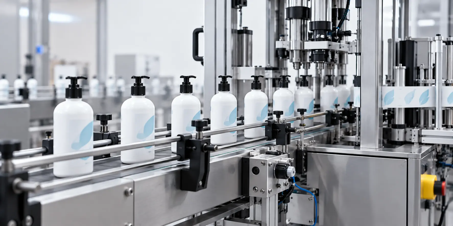 Linha automática de enchimento e embalamento de frascos para produtos de higiene e cosmética.