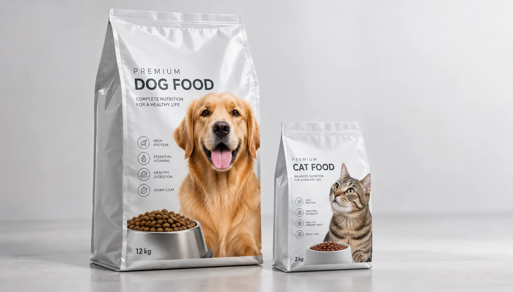 Embalagens de diferentes formatos e capacidades para alimentação de cães e gatos, incluindo saco de ração e embalagem para pet food.