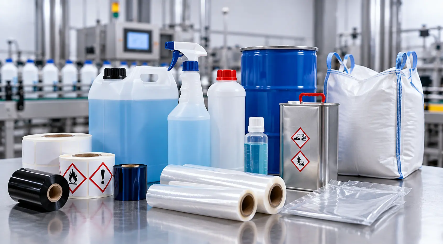 Diferentes consumíveis e recipientes para produtos químicos, incluindo etiquetas, filmes, bidões, frascos e embalagens industriais.