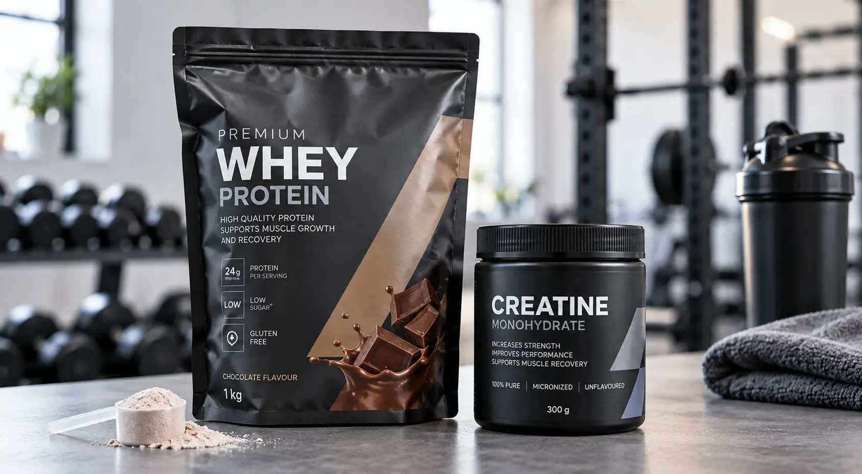 Embalagem de whey protein e frasco de creatina em contexto de nutrição desportiva e suplementos alimentares.