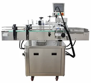 Encravadora automática para latas redondas em aço inox com transportador e painel de controlo