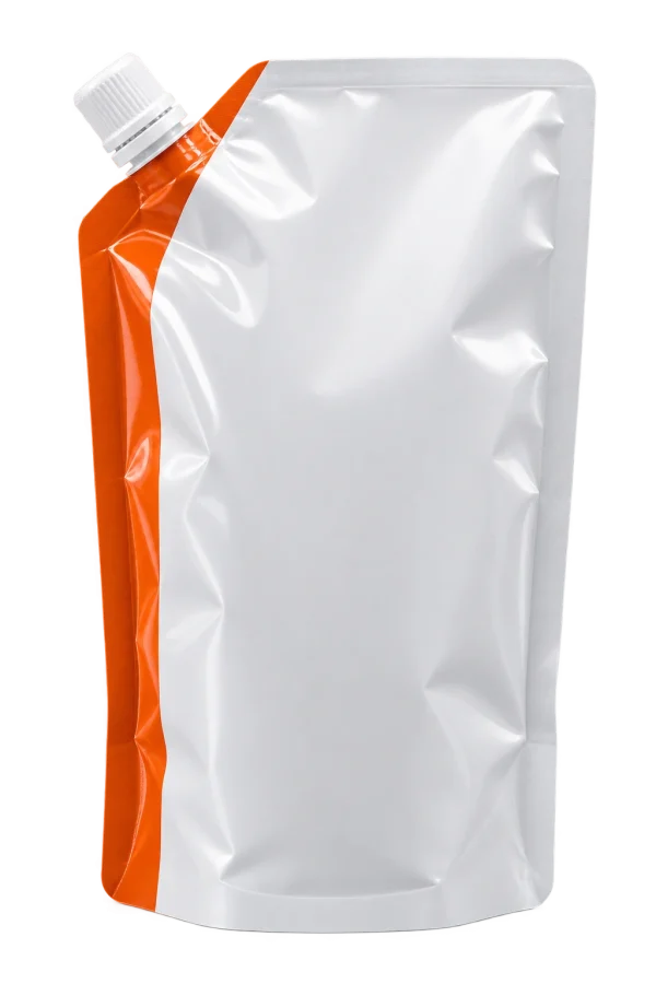 Embalagem flexível spout pouch com bico e tampa para produtos líquidos.